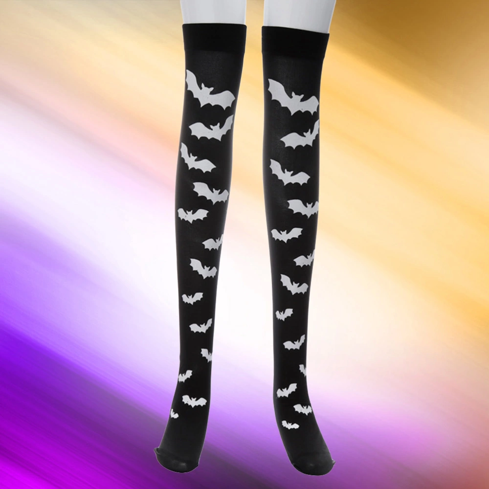 1 Pair Halloween Bats Pattern Over The Knee High Socks Long Socks for Women (70cm Black)