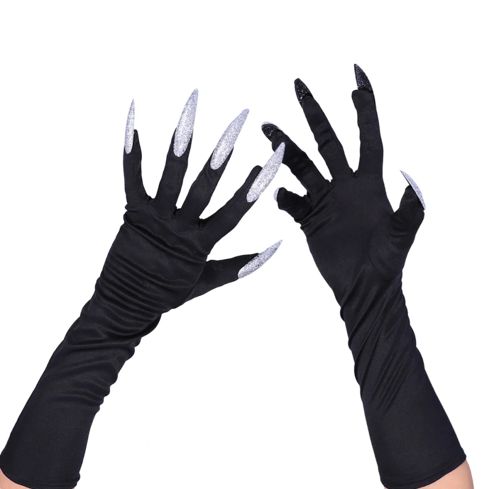 1 Pair of Halloween Costume Gloves Attached Long Fingernails(Black)