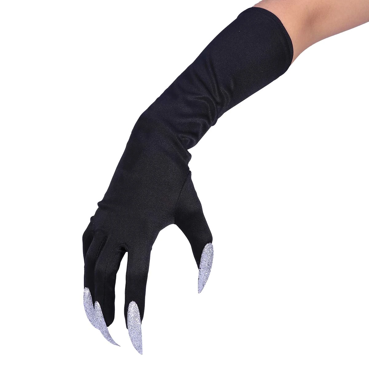 1 Pair of Halloween Costume Gloves Attached Long Fingernails(Black)