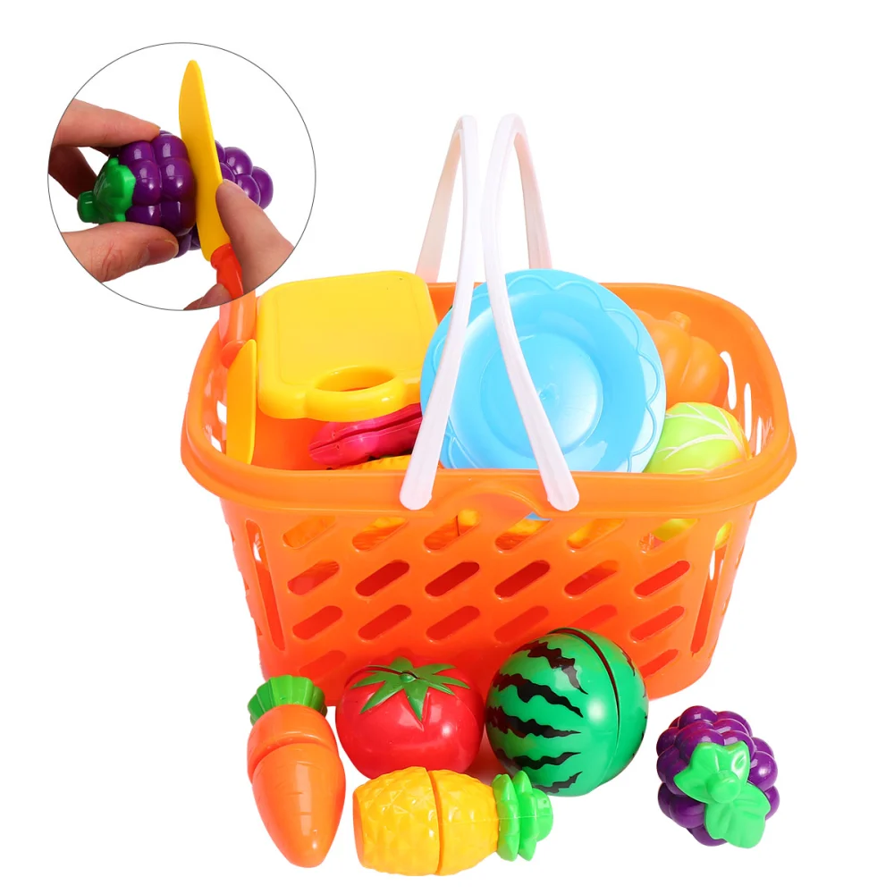 1 Set of 28Pcs Mini Vegetable Fruit Cutting Food Play Set with Orange Mesh Bag Basket Pretend Play Food Set Kitchen Food Toys Fun Cutting Fruits Vegetables Plaything