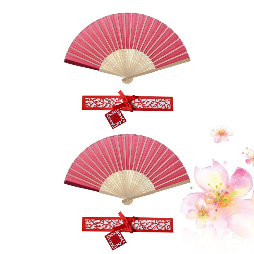 2pcs Classic Folding Fans Delicate Chinese Style Fan Bamboo Framework Fan with Box for Women (Red)