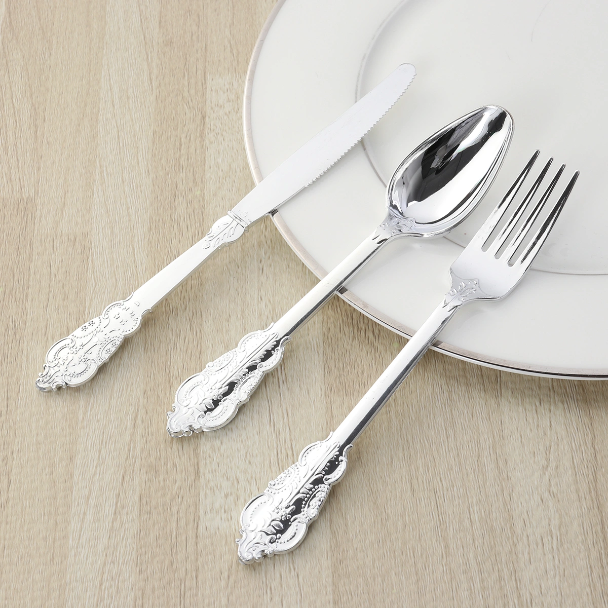 6pcs/2 Sets Retro Carving Plastic Fork Spoon Disposable Cutlery Tableware Flatware for Barbecue Party Picnic (Silver)