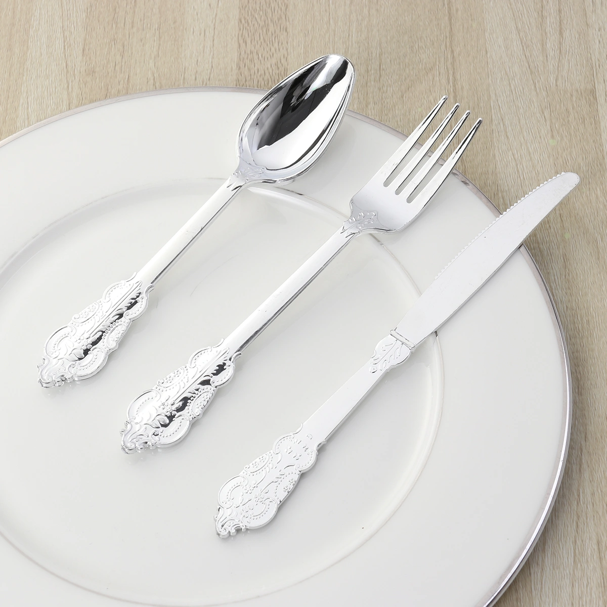 6pcs/2 Sets Retro Carving Plastic Fork Spoon Disposable Cutlery Tableware Flatware for Barbecue Party Picnic (Silver)