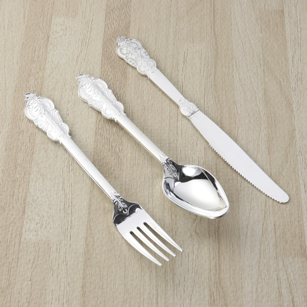 6pcs/2 Sets Retro Carving Plastic Fork Spoon Disposable Cutlery Tableware Flatware for Barbecue Party Picnic (Silver)