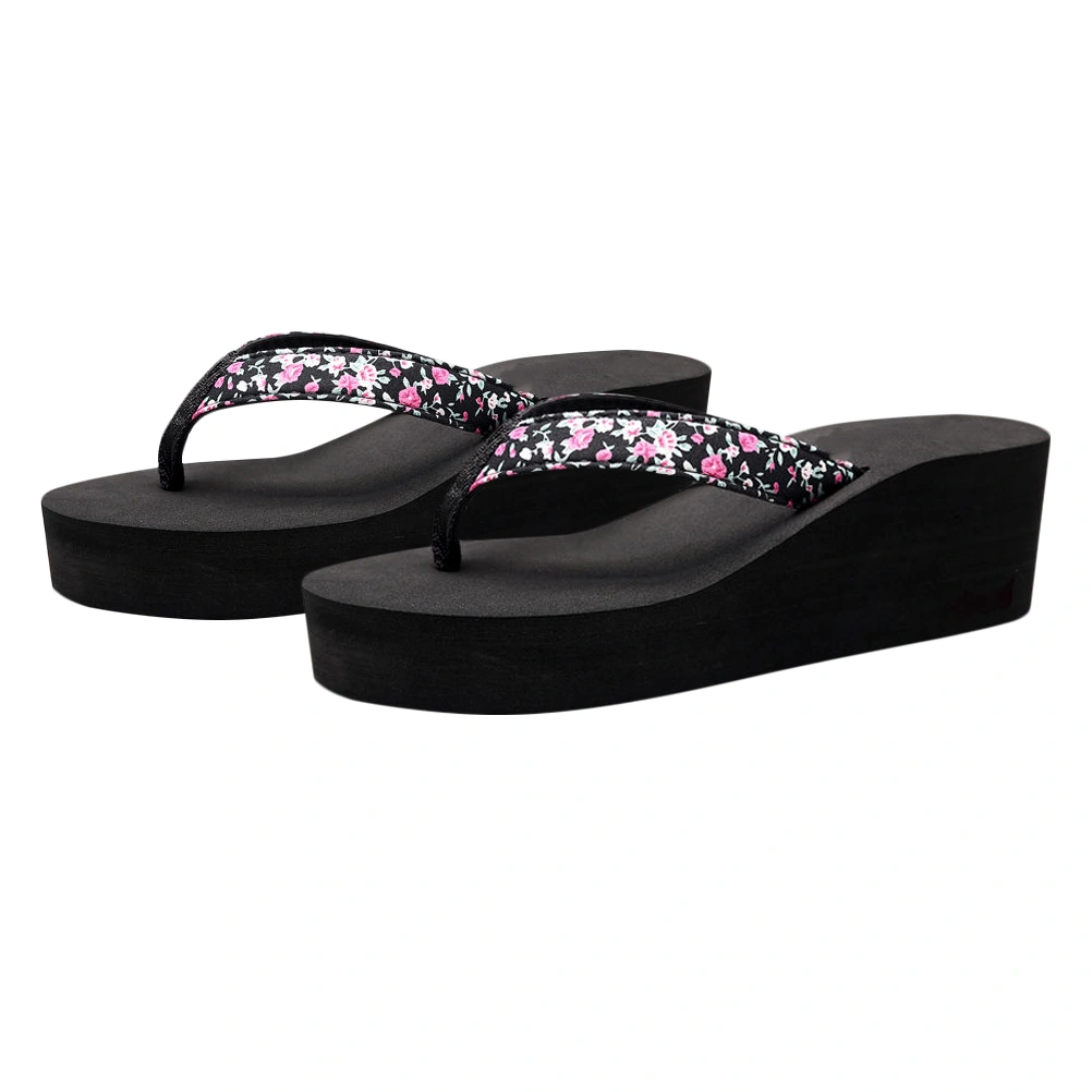 1 Pair Summer Women Wedge Heel Slippers Sandals Thick-Bottom Casual Beach Walk Shoes Beach Flip-flops Comfortable Sandals for Indoor Outdoor (Black Floral Style Size 39 24.5cm Length 7.5US 5UK 38.5EU 9.6285 Inch)