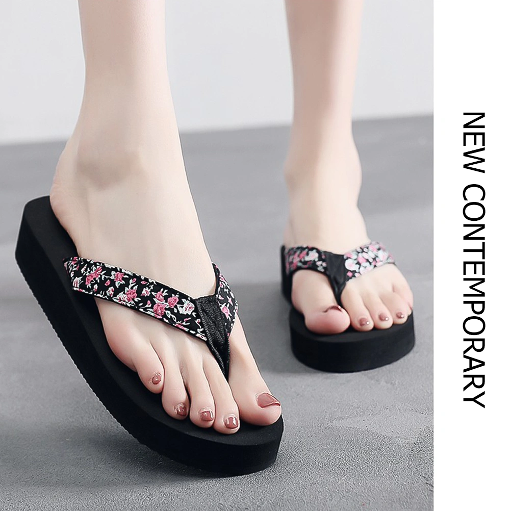 1 Pair Summer Women Wedge Heel Slippers Sandals Thick-Bottom Casual Beach Walk Shoes Beach Flip-flops Comfortable Sandals for Indoor Outdoor (Black Floral Style Size 39 24.5cm Length 7.5US 5UK 38.5EU 9.6285 Inch)