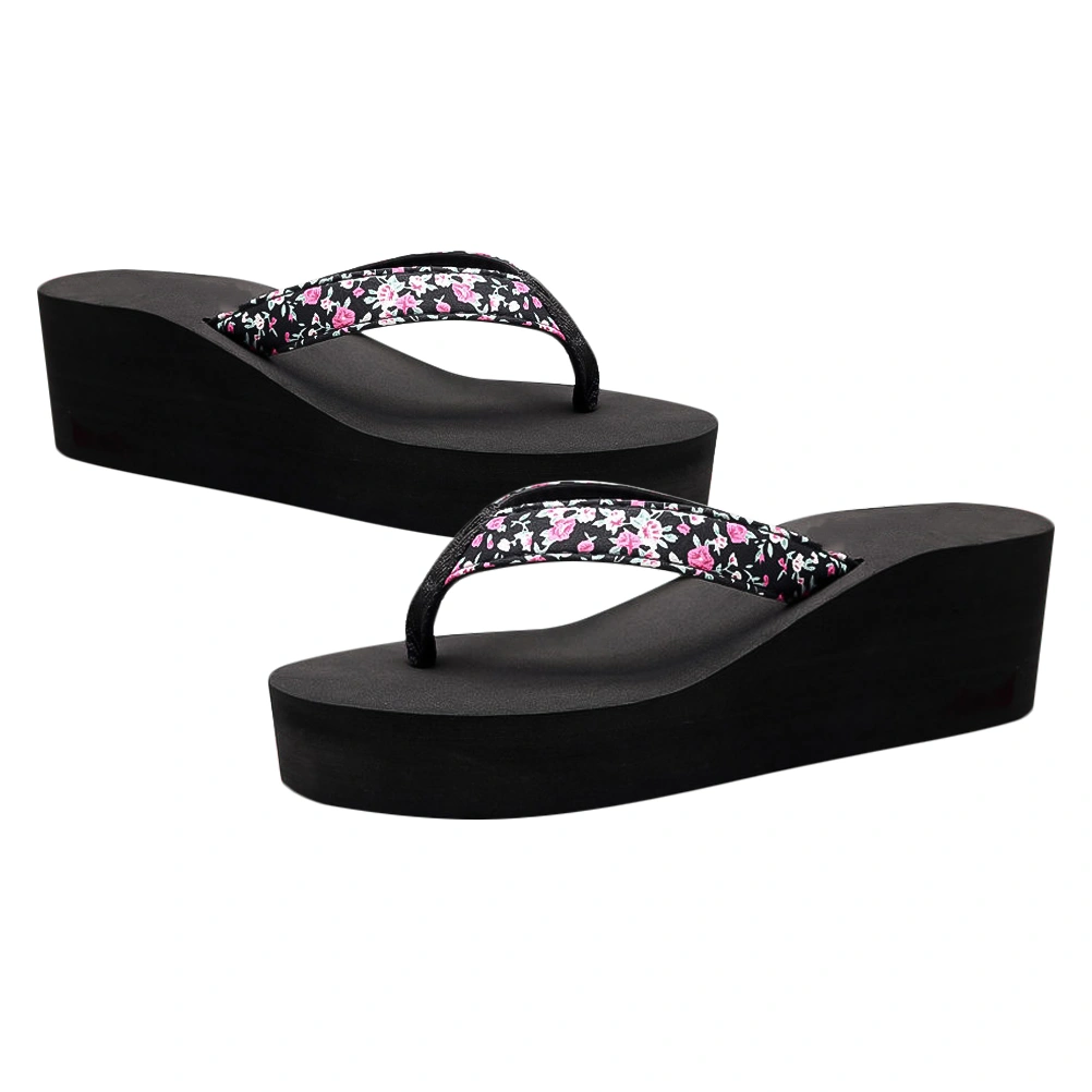 1 Pair Summer Women Wedge Heel Slippers Sandals Thick-Bottom Casual Beach Walk Shoes Beach Flip-flops Comfortable Sandals for Indoor Outdoor (Black Floral Style Size 39 24.5cm Length 7.5US 5UK 38.5EU 9.6285 Inch)