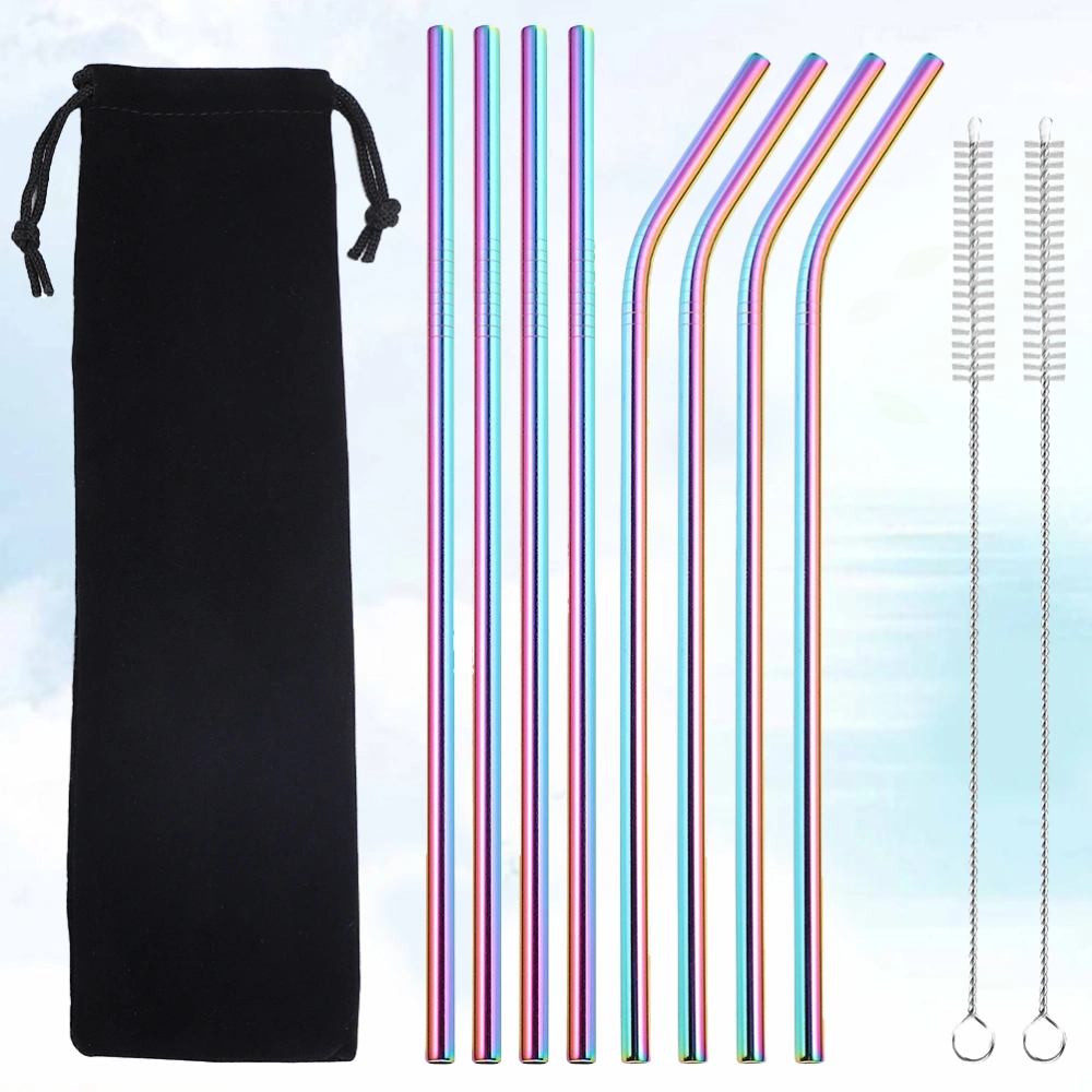 8PCS Stainless Steel Straws Reusable Drinking Straws Creative Stirrers with 2PCS Brushes for Milk Tea Smoothie (Black Storage Bag)