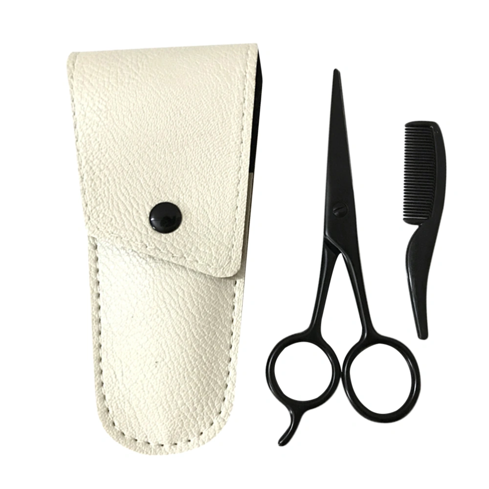 3pcs Beard Scissors Set Stainless Steel Small Precision Scissors Beard Care Tool Beauty Grooming Kit (Black Scissors+Apricot Leather Sheath+Small Comb)