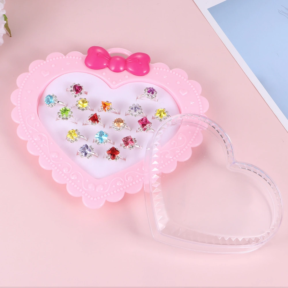 16pcs Rhinestone Rings Heart Shaped Boxed Children Creative Ring Fashion Finger Ring for Children Girls