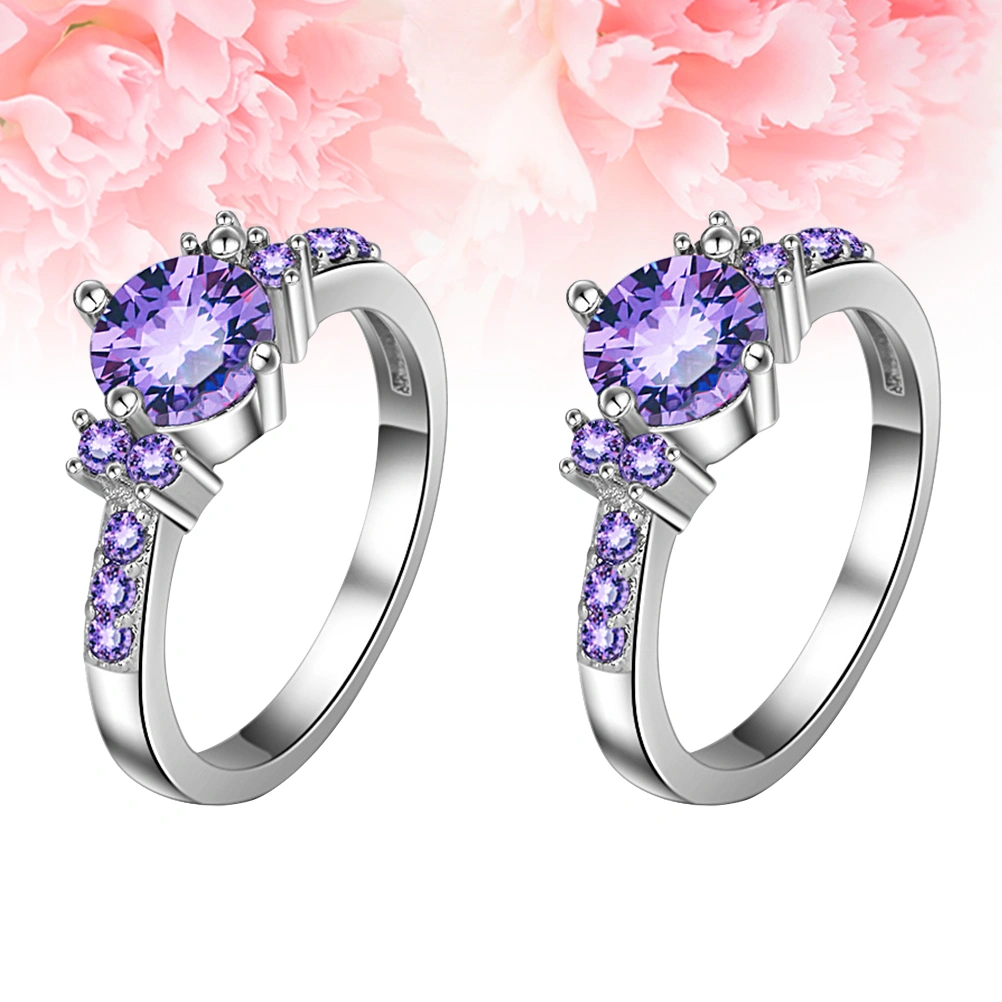 2pcs Purple Jewel Ring Silver Women Ring Fashion Finger Ring Purple Jewel Finger Ring (Number 8)