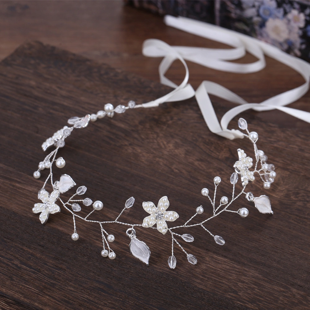 Women Handmade Pearl Flower Headband Rhinestone Headpieces Bridal Headwear with Ribbon for Wedding Hair Decoration (Silver)