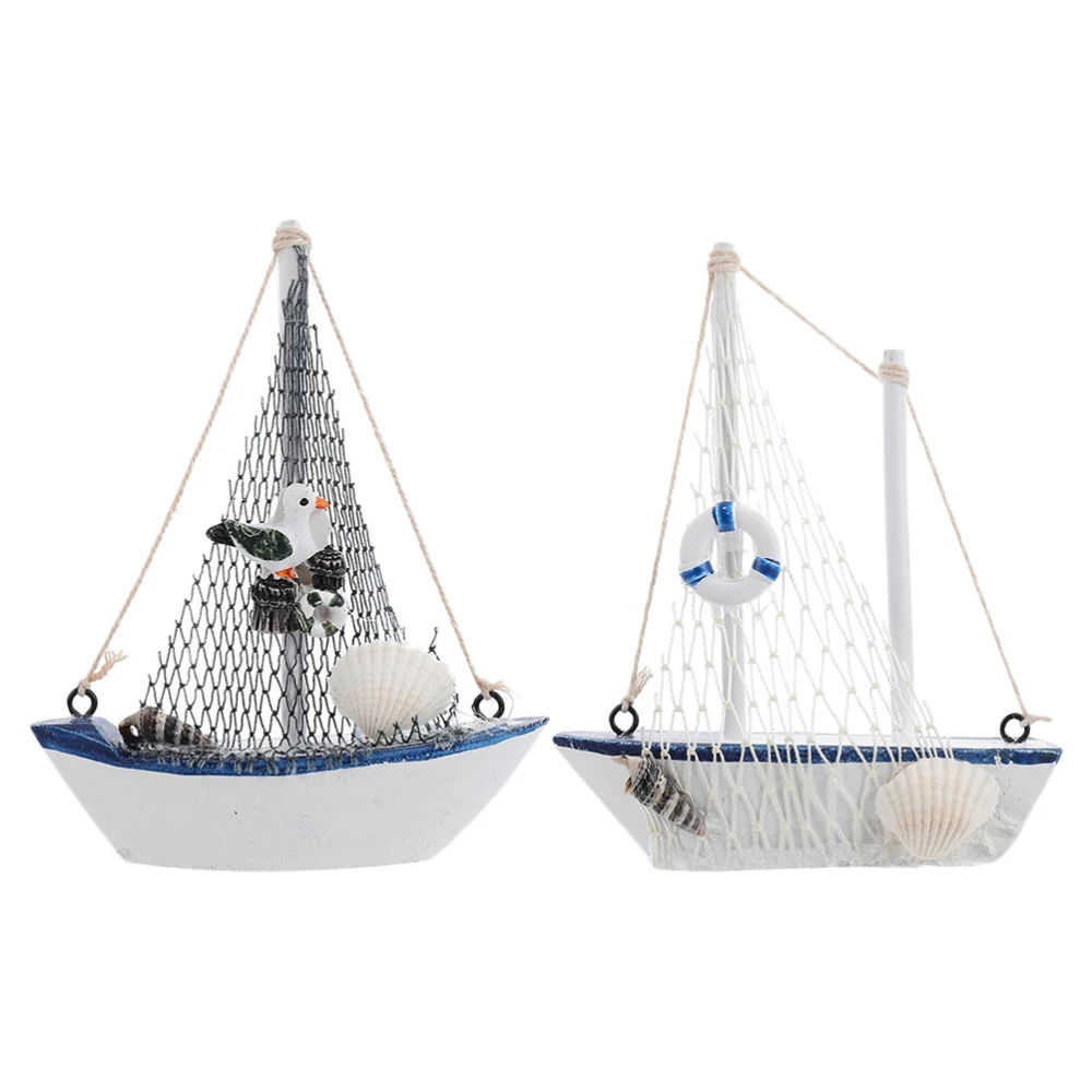 2Pcs Mediterranean Style Sailboat Adornment Sailing Boat Decor Chic Ship Model