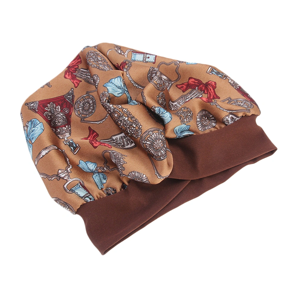 1PC Imitated Silk Head Wraped Printed Chemotherapy Nightcap for Women (Coffee Printing)