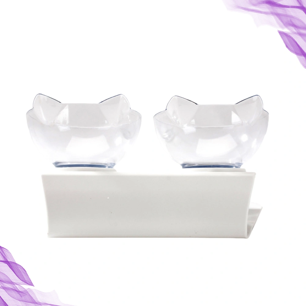 Cat Shaped Tilted Food Bowl Neck Protective Bowl Pet Feeder Drinking Bowl White (Double Bowl + Rack)