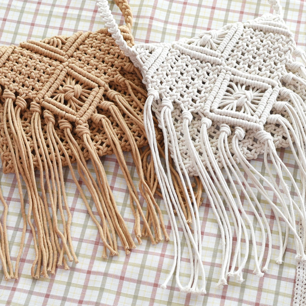 Fringed Crochet Cotton Cross-body Bag Bohemian Summer Beach Shoulder Bag for Girls Women (Black)