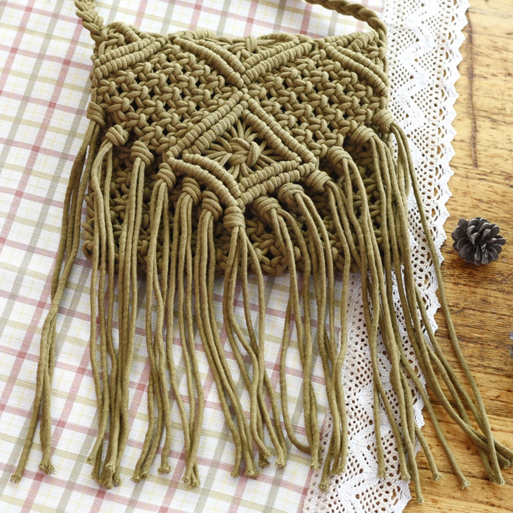 Fringed Crochet Cotton Cross-body Bag Bohemian Summer Beach Shoulder Bag for Girls Women (Black)