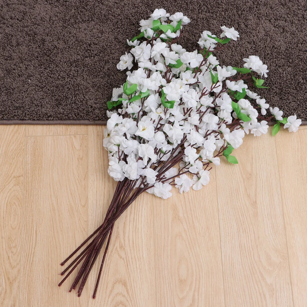 10pcs Artificial Peach Blossom Flower Bouquet with 3 Fork Stems for Home Office Decoration (White)