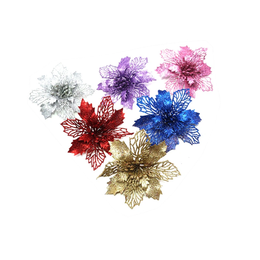 6pcs Christmas Tree Decorative Flower Glitter Simulate Floral Ornaments Delicate Hollow Out Flowers Christmas Supplies(Golden + Red + Pink + Blue + Silver + Purple, 1pc for Each Color)