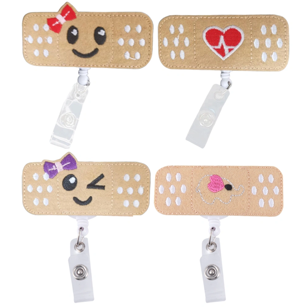 4pcs Embroidery Bandage Shape Id Holder Hanging Lanyard Id Badge Reel Clip (Purple Bow Smiley Face + Red Bow Smiley Face + Elephant + Red Heart)