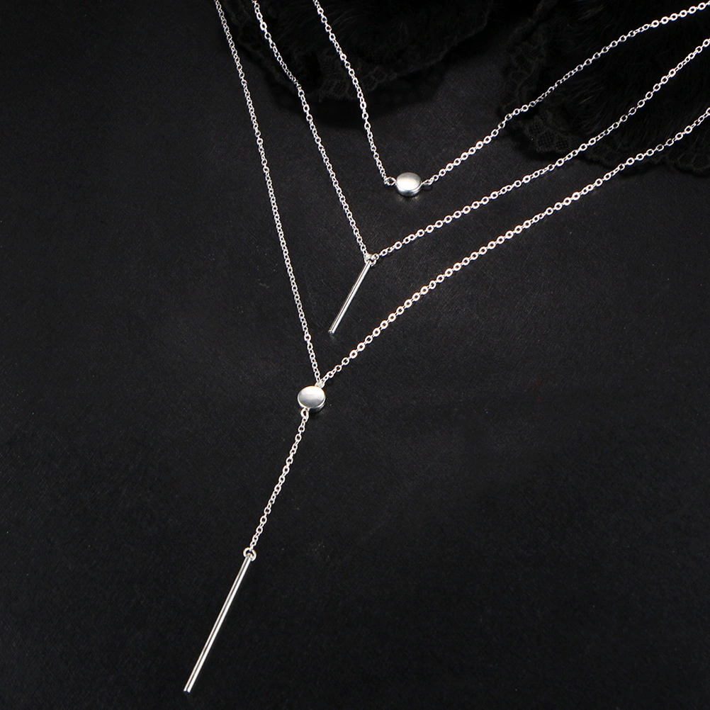Multilayer Dot & Line Necklace Fashion Long Chain Necklace for Woman Jewelry Decoration (Silver)
