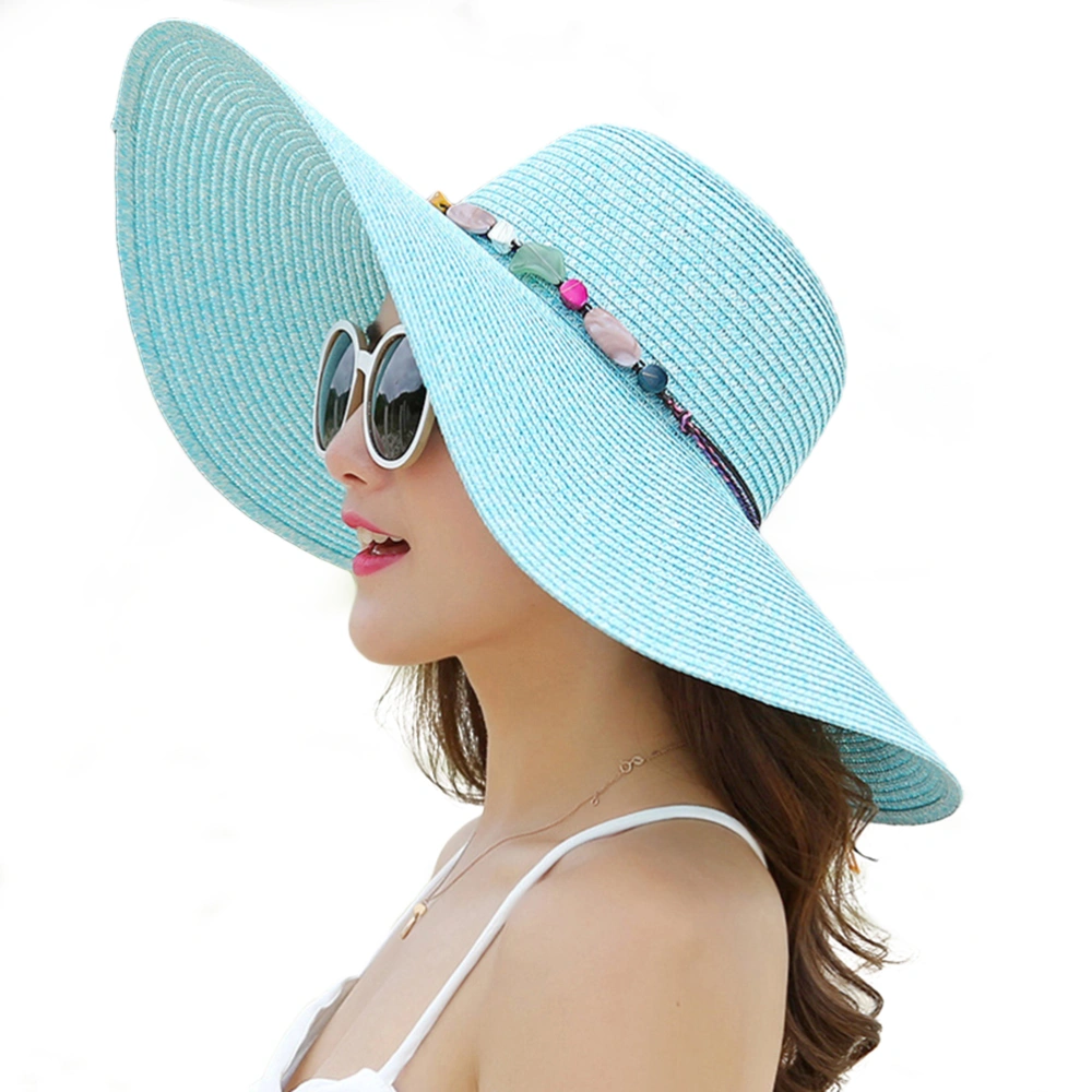 Women's Wide Brim Hat Summer Beach Sun Straw Floppy Hats (Sky Blue)