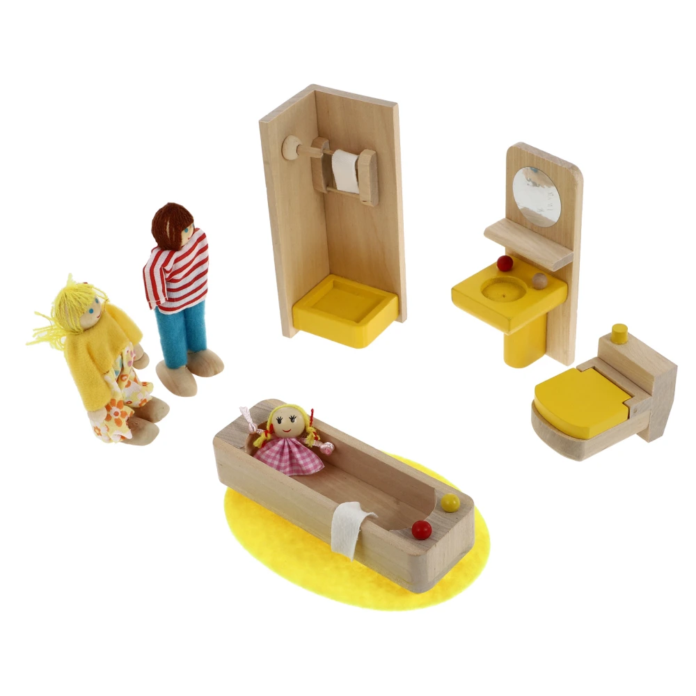 1 Set of Children Mini Bathroom with Doll Wooden Mini Furniture Children Toy