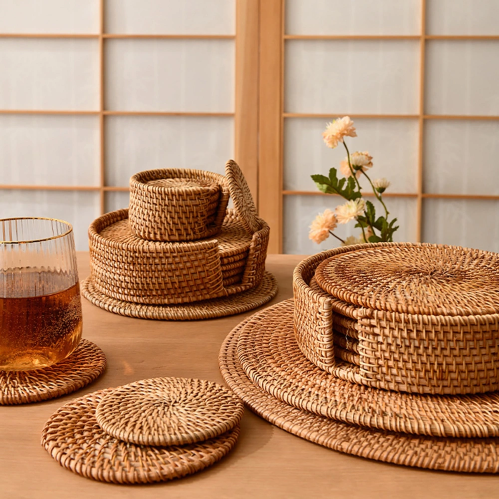 4pcs Rattan Placemat Handmade Woven Cup Cushion Heat Insulation Woven Coaster