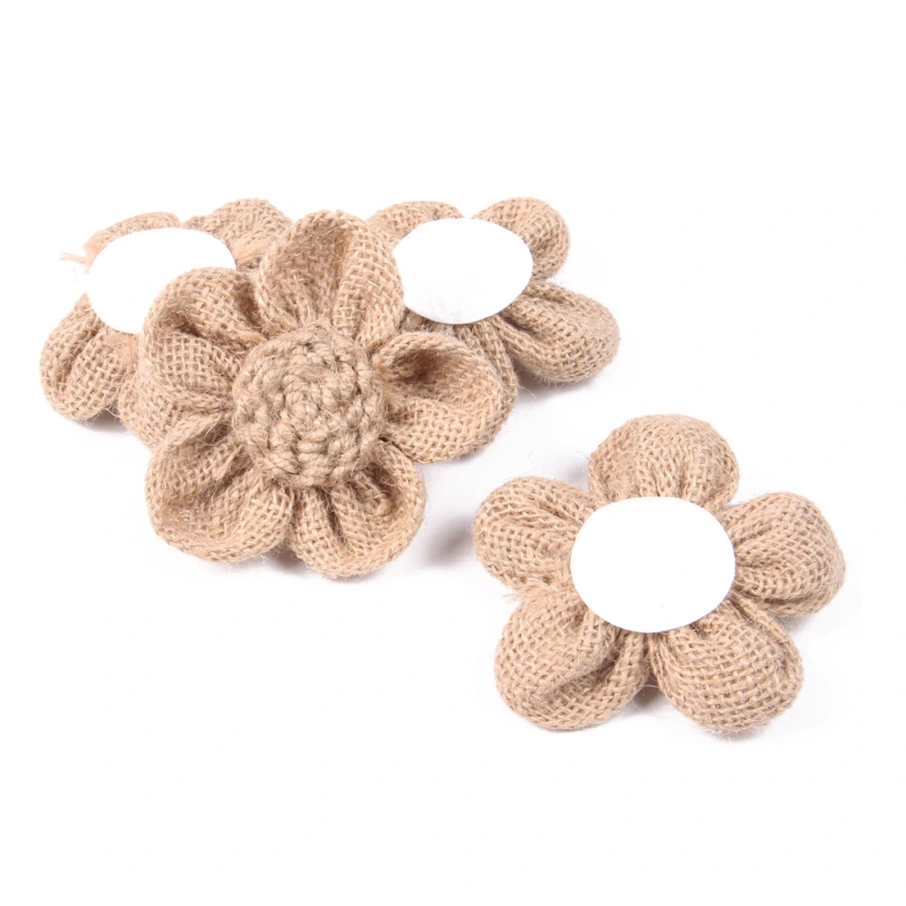 6pcs Burlap 5-Petaled Flower Hessian Jute Flower Rustic Vintage for Christmas Wedding Embellishments (White Petal)