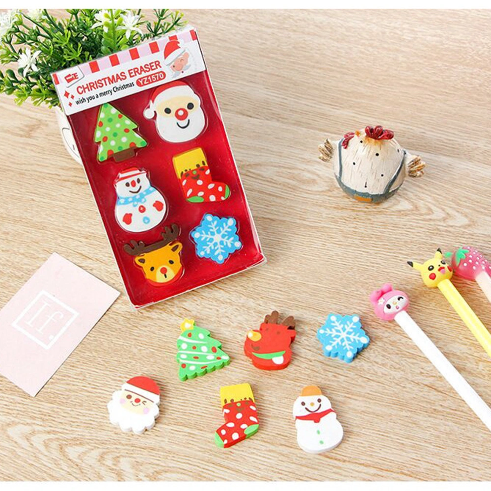 6pcs Christmas Eraser Cartoon Kids Eraser Stationery Gift School Classroom Rewards Christmas Gift Random Style