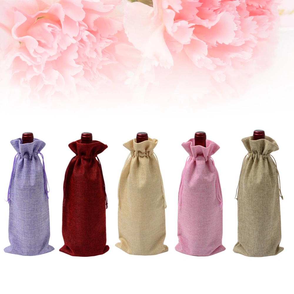 10Pcs Burlap Wine Bottle Bags with Drawstring Reusable Wine Totes Bottle Wrap Gift Pouches (Wine Red + Lavender + Original Hemp + Beige + Pink Each 2Pcs)