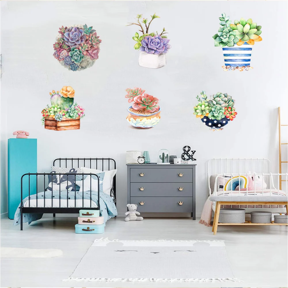 2 Sheet Wall Sticker Imitation Potted Succulent Cactus Waterproof Sticker Self-adhesive Wall Decal PVC Background Accessories