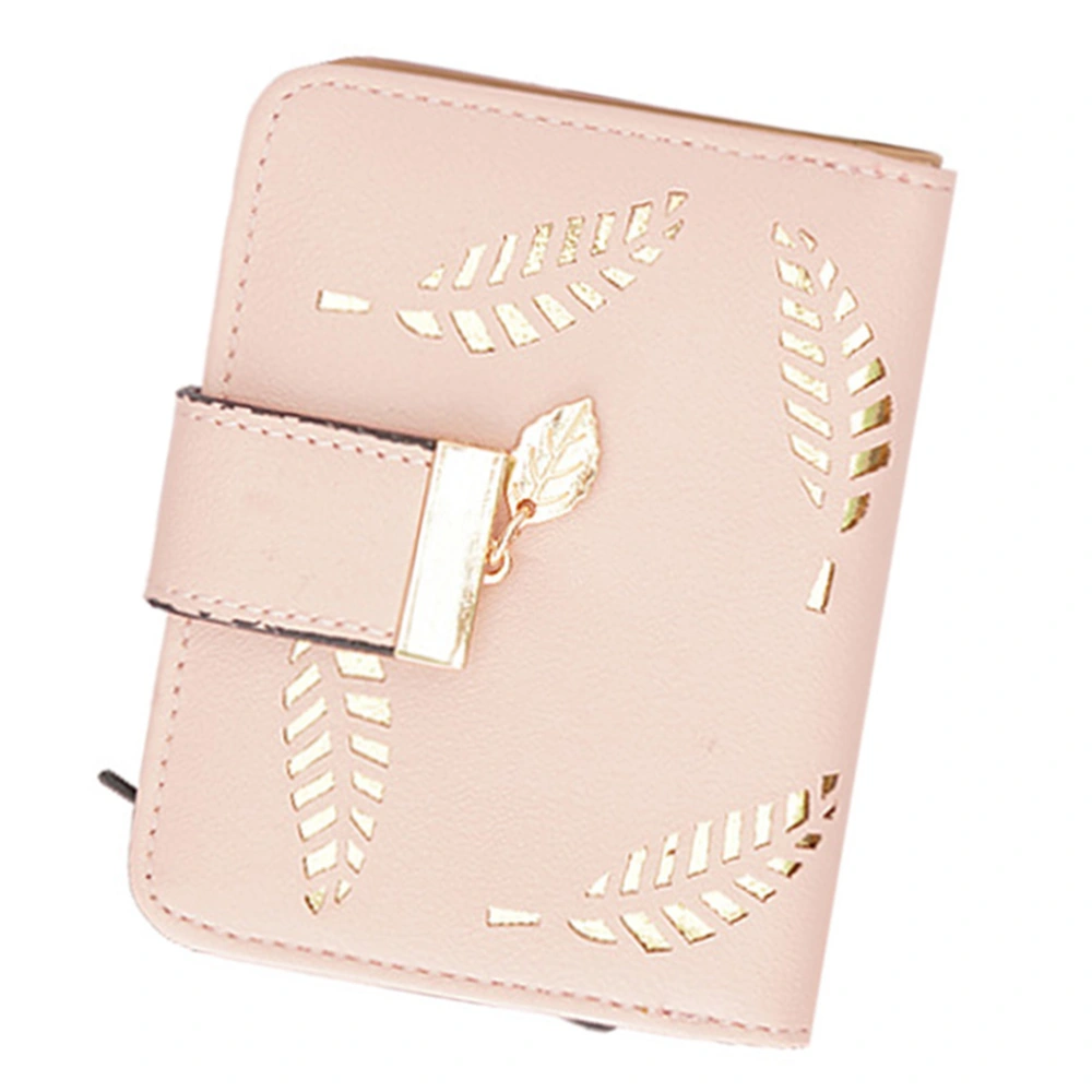 Women's Short Wallet Fashion Fresh Style Zipper Wallet Buckle Hollow Leaves Pattern Small Size Wallet Purse(Pink)