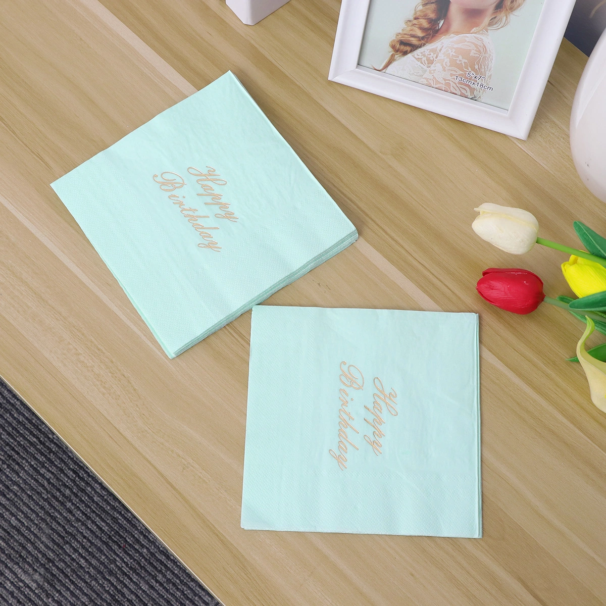 16pcs Happy Birthday Party Hot Stamping Printed Tissue Napkins Paper Towel for Birthday Party Wedding Festival (Blue)