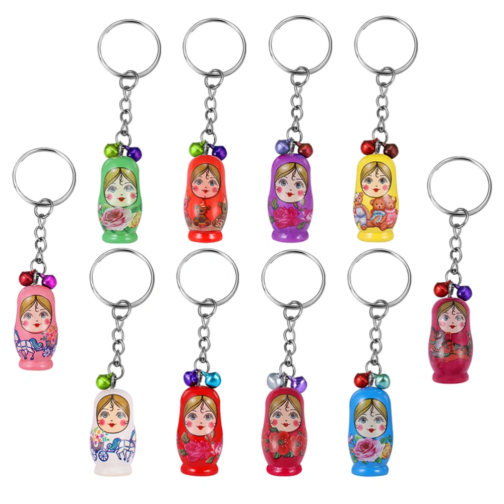 10pcs Fashion Key Chains Matryoshka Russian Dolls Key Rings Wood Keychains