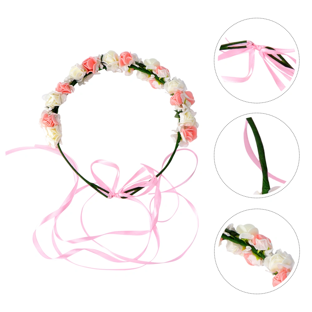 1pc Korean Style Wreath Holiday Tourist Garland Handmade Seaside Head Accessories for Female (Pind and White)