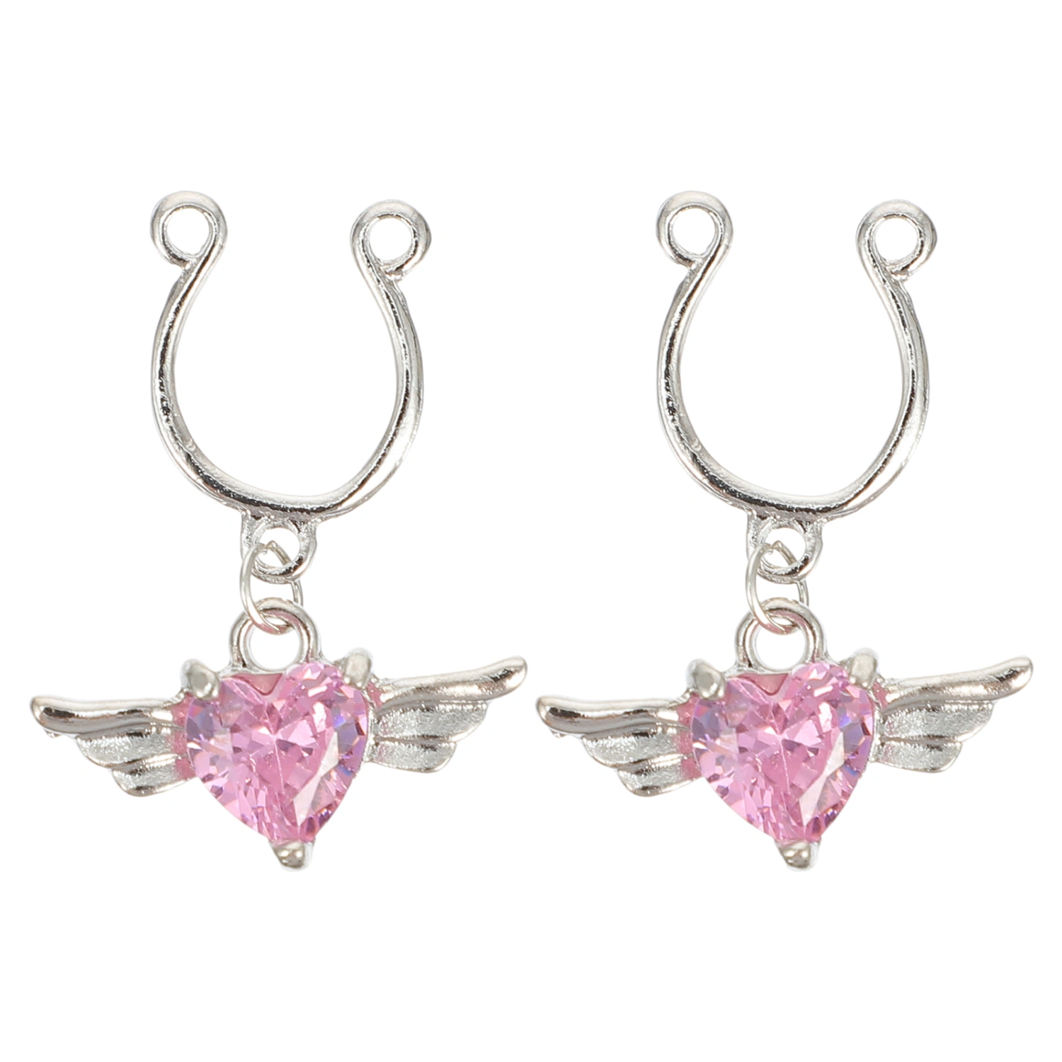1 Pair Stainless Steel Fake Heart with Wings Rings Fake Piercing Jewelry