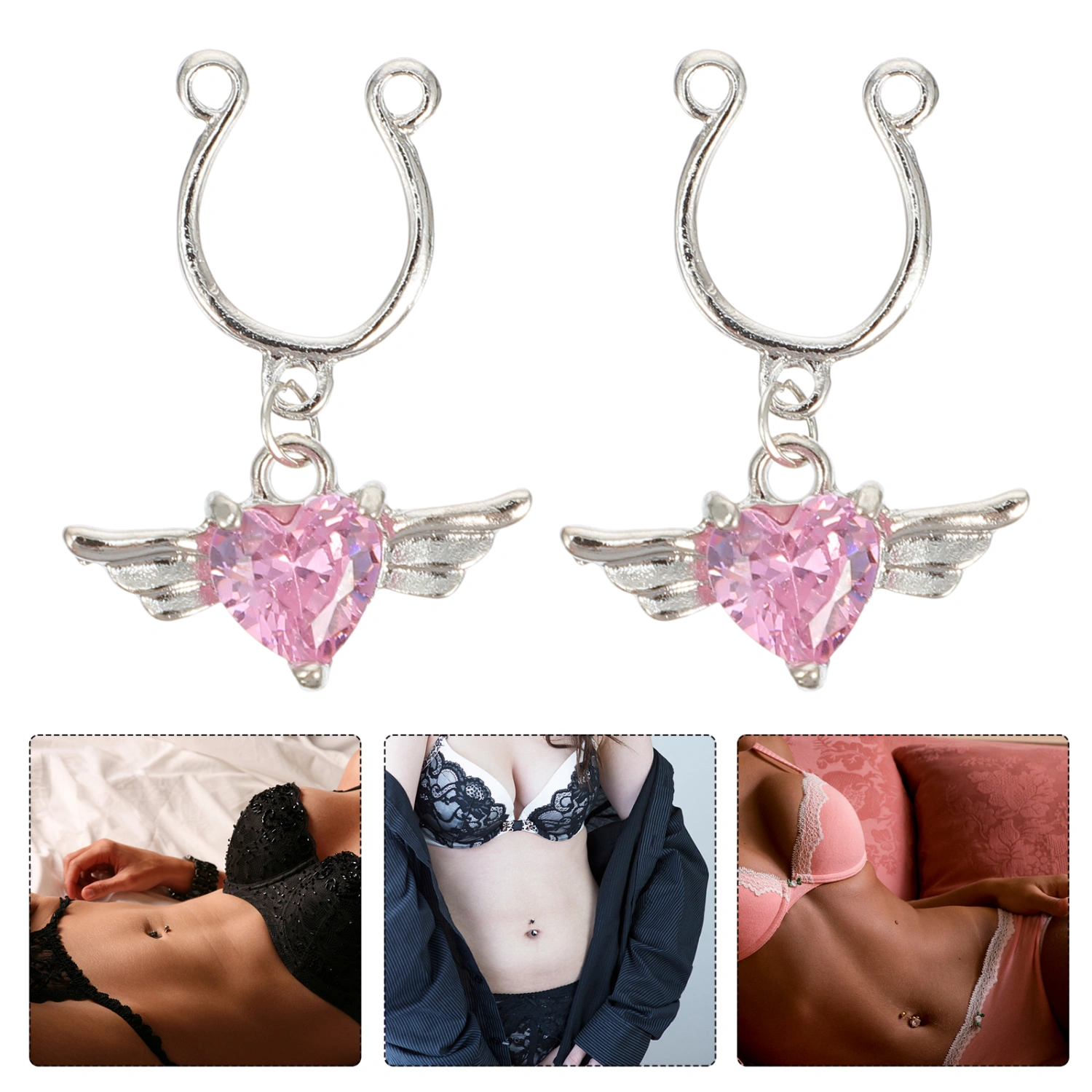1 Pair Stainless Steel Fake Heart with Wings Rings Fake Piercing Jewelry