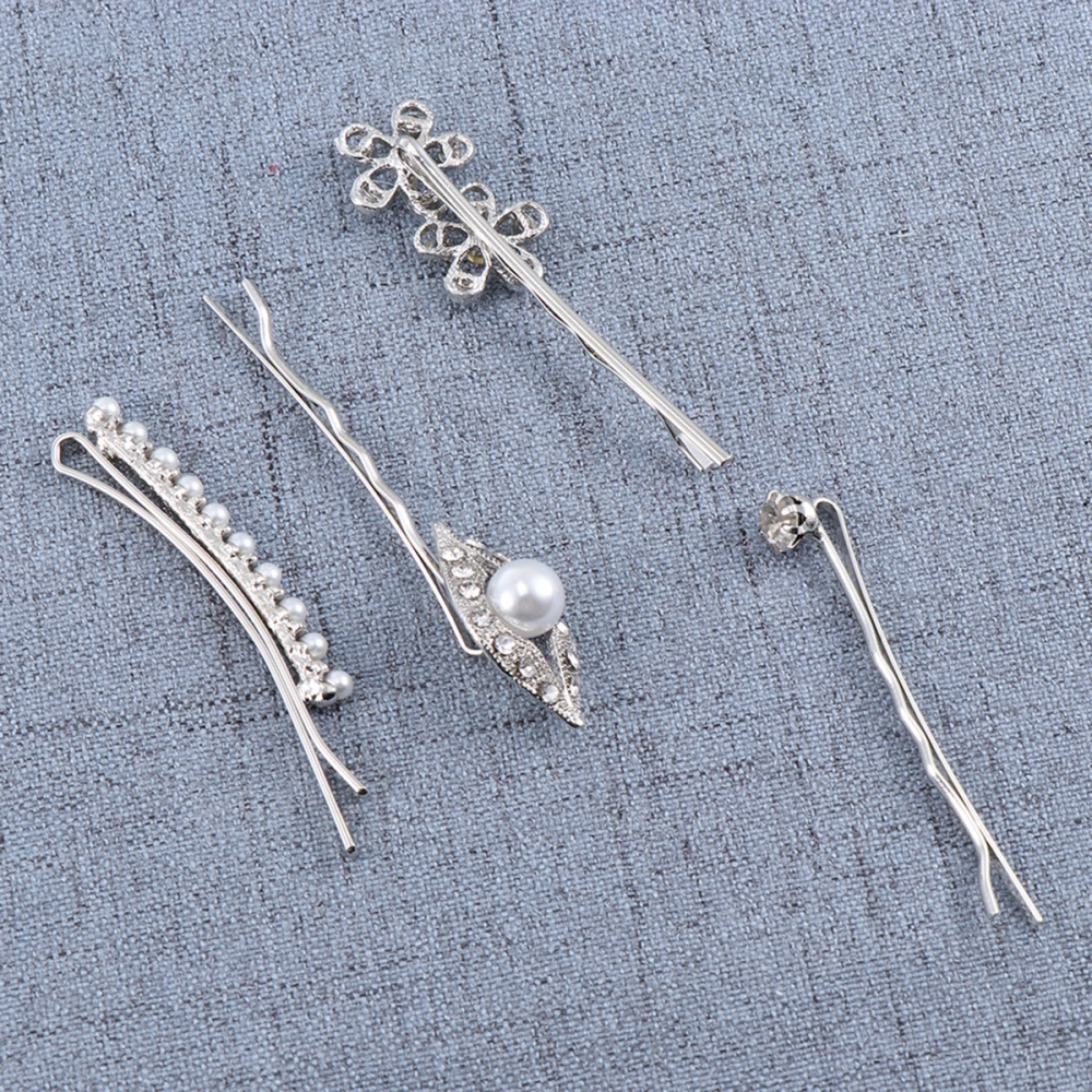 4pcs Women's Diamond Hairpins Word Folders Fashion Simple Lovely Pearl Rhinestone Small Fresh Personality Hair Clips (Silver)