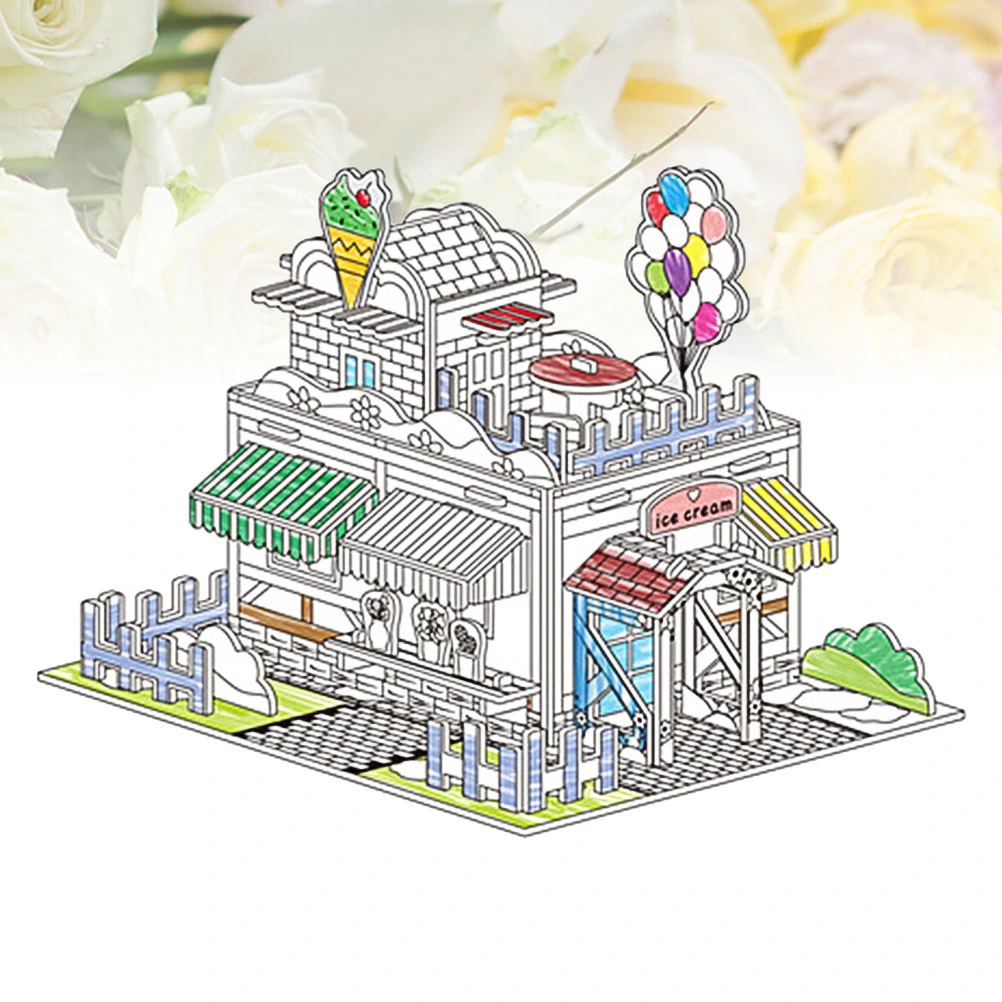 1 Set of DIY Graffiti Puzzle 3D House Paperboard Coloring Puzzle Educational Toy for Children Kids
