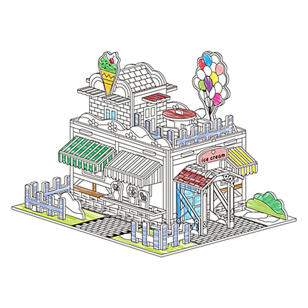 1 Set of DIY Graffiti Puzzle 3D House Paperboard Coloring Puzzle Educational Toy for Children Kids
