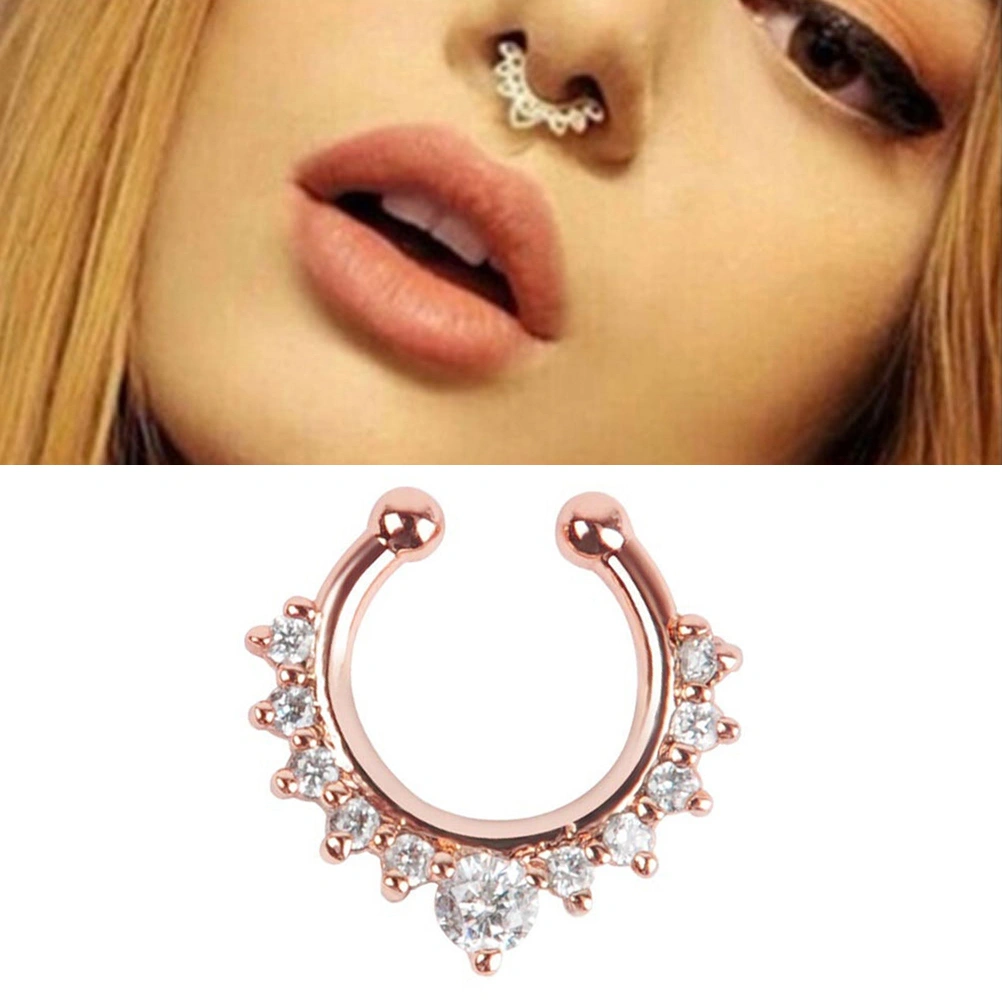 Fancy Alloy Crystal Fake Nose Ring Septum Nose Ring Non Piercing Body Jewelry (Rose Gold)