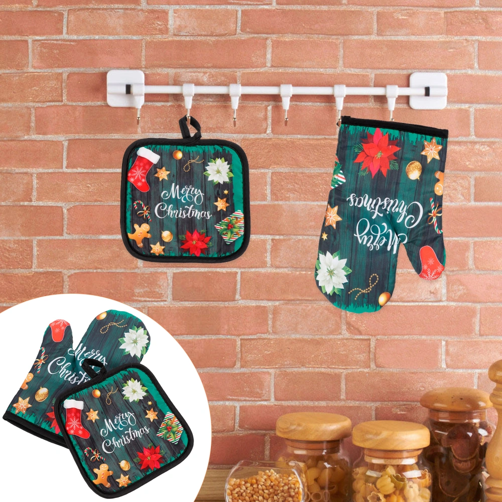 2 Sets Christmas Oven Gloves Table Mats Heat Insulation Gloves Placemats for Kitchen