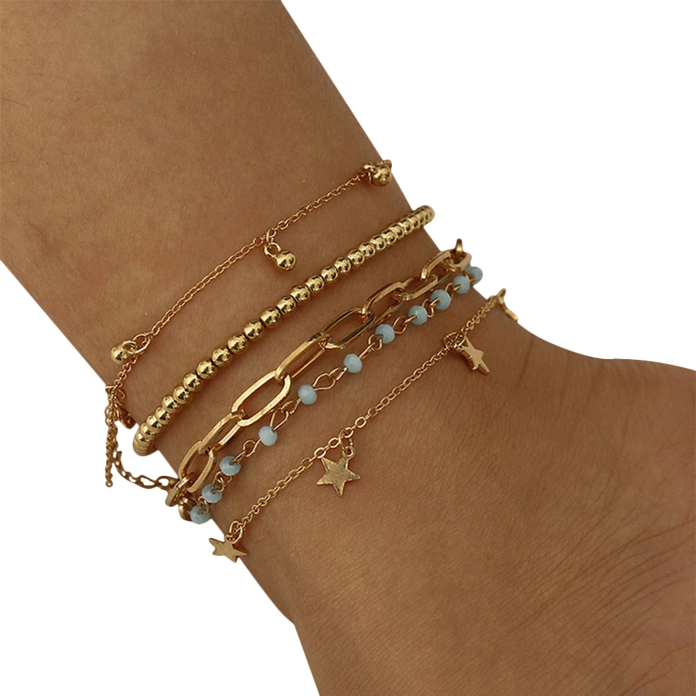 Stars Ankle Chains All-Match Fashionable Simple Multilayers Funny Round Beads Foot Chains for Woman (Golden)