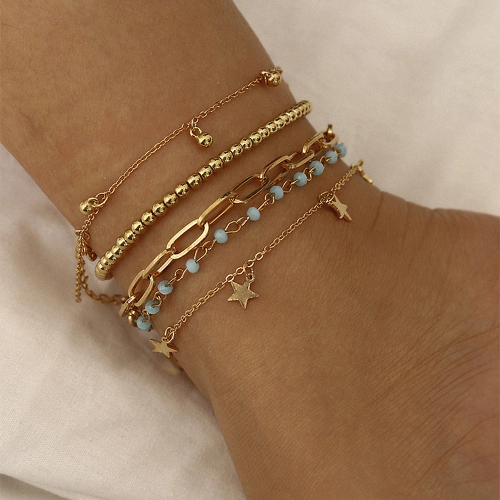Stars Ankle Chains All-Match Fashionable Simple Multilayers Funny Round Beads Foot Chains for Woman (Golden)