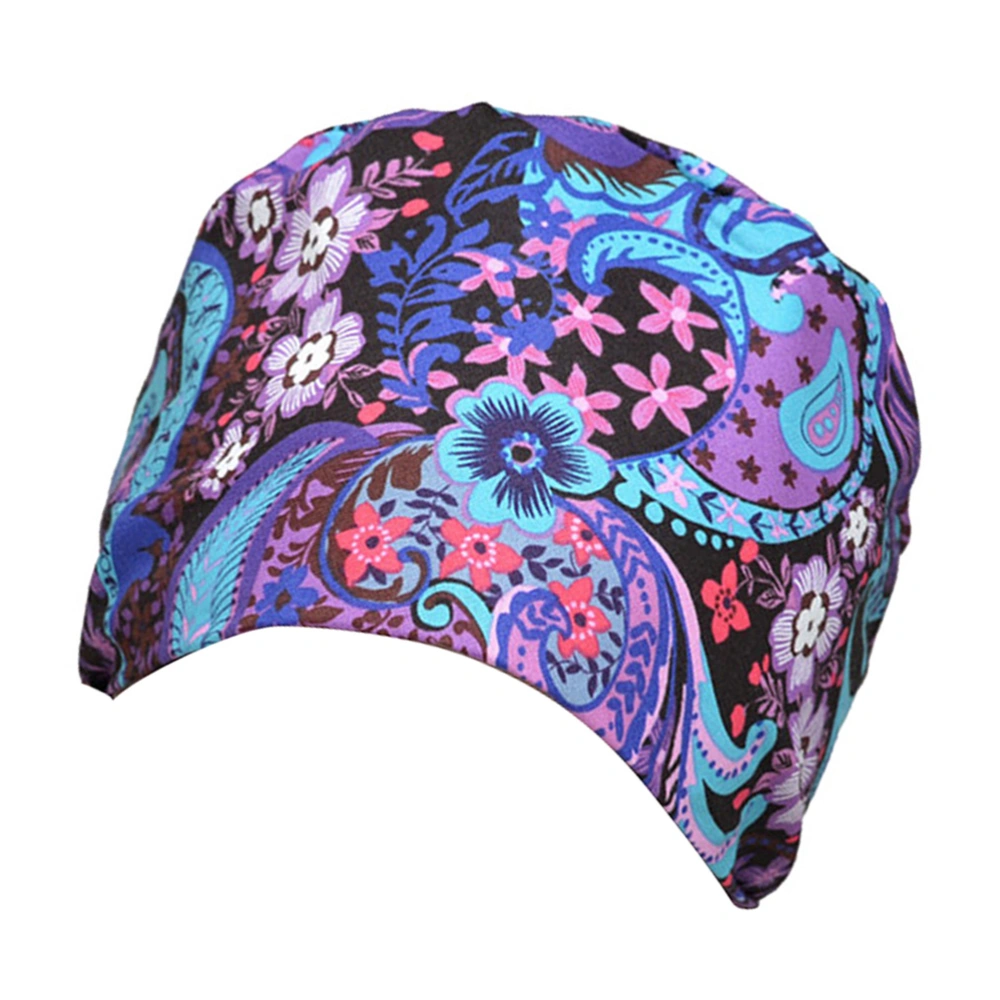 Purple Floral Printing Cotton Hat Adjustable Lace-up Doctor Nurse Working Hat Head Protector