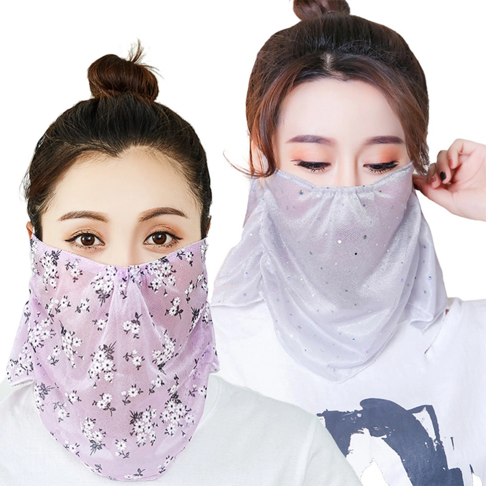 2PCS Floral Pattern Breathable Scarf Mouth Mask Summer Sunscreen Face Cover Shading Face Mask Neck Protector for Hiking Riding (Purple, Pink)