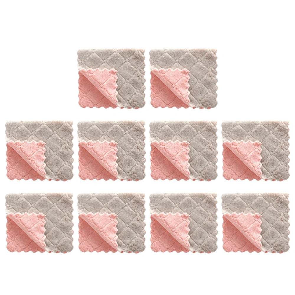 10pcs Simple Household Cleaning Towel Double-sided Coral Fleece Cleaning Towel Oil-free Dish Towel Kitchen Cleaning Cloth Grey Pink