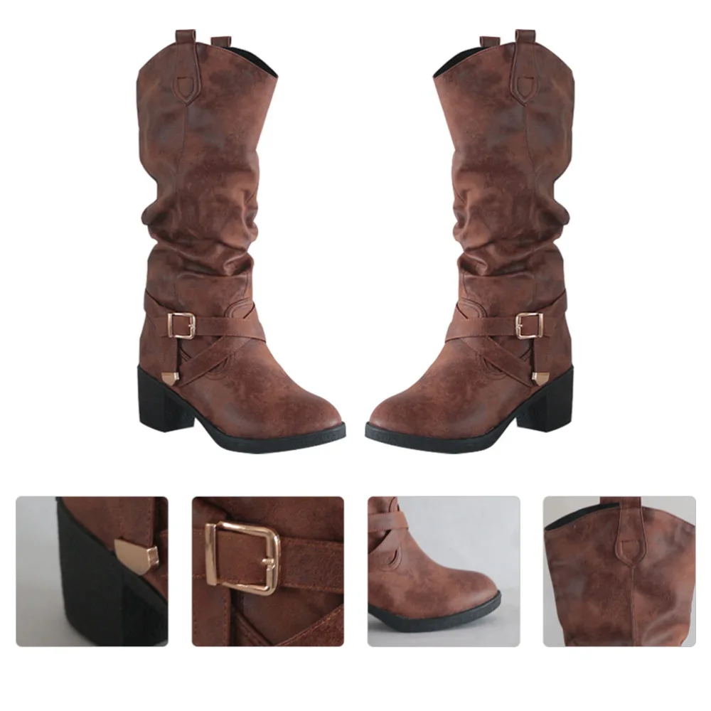 1 Pair Knight Boots Low-heeled Shoes Cross Strap Buckle Footwears (Light Brown)