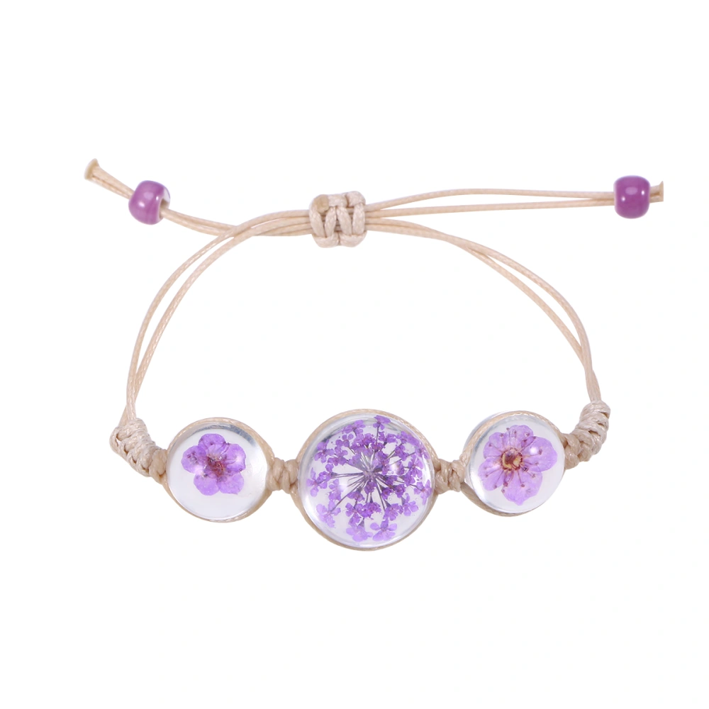 Plant Specimen Dried Flower Crystal Glass Ball Bracelet Women Hand-woven Rope Chain Bracelet - 02 (Purple)